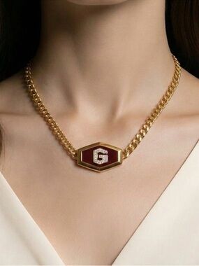 GIVENCHY Vintage 70s Curb Chain Enamel & Crystal Logo G Gold Burgundy RARE 1979